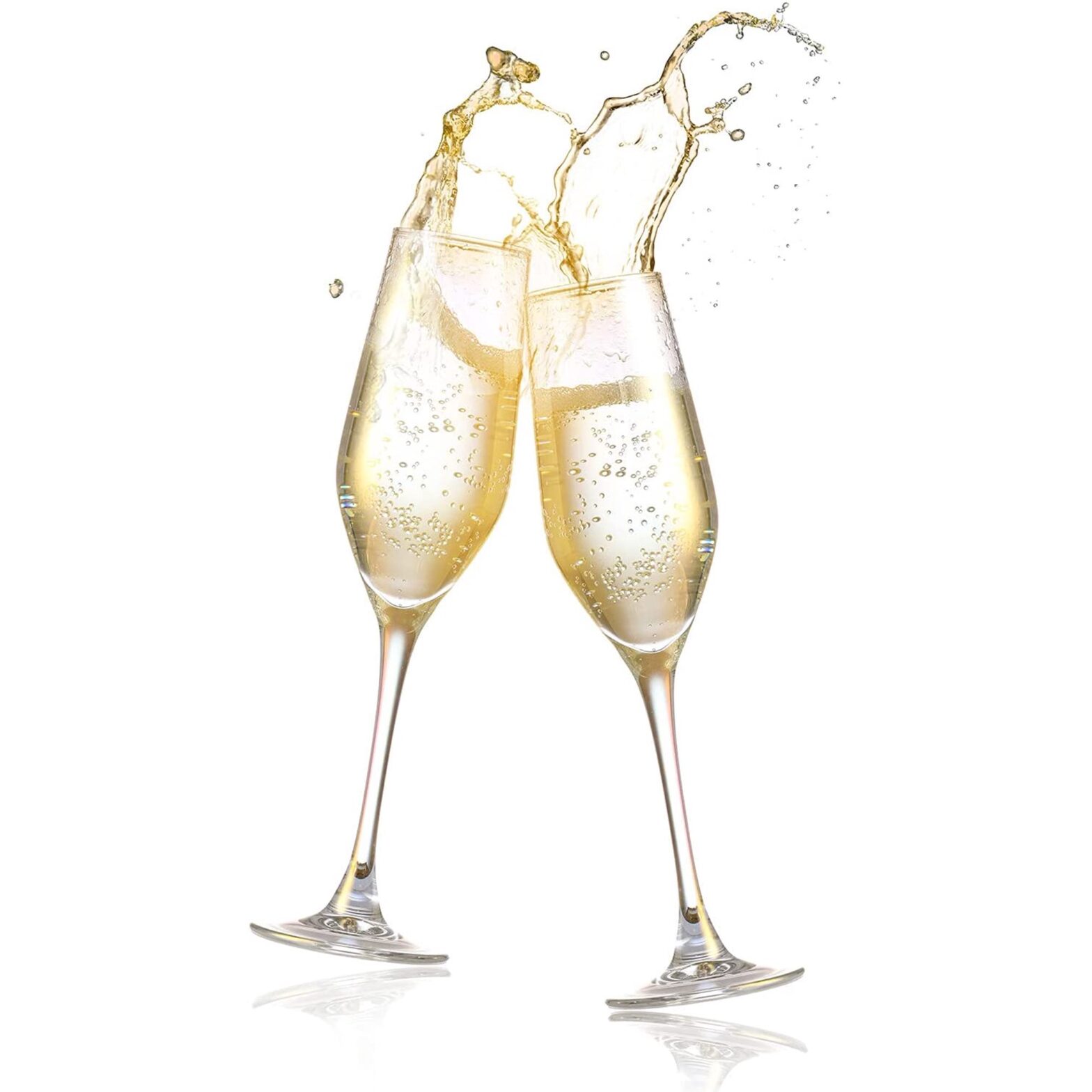 Two champagne glasses clinking with bubbly splashing out.