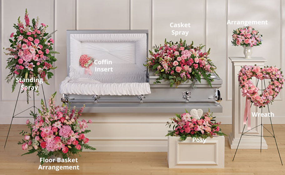 Funeral floral arrangements in various styles.