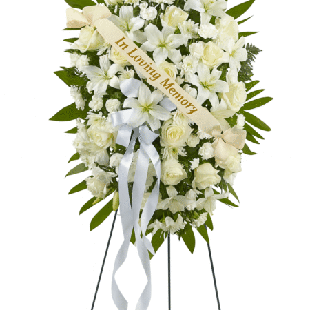 Elegant White Standing Spray – “In Loving Memory”