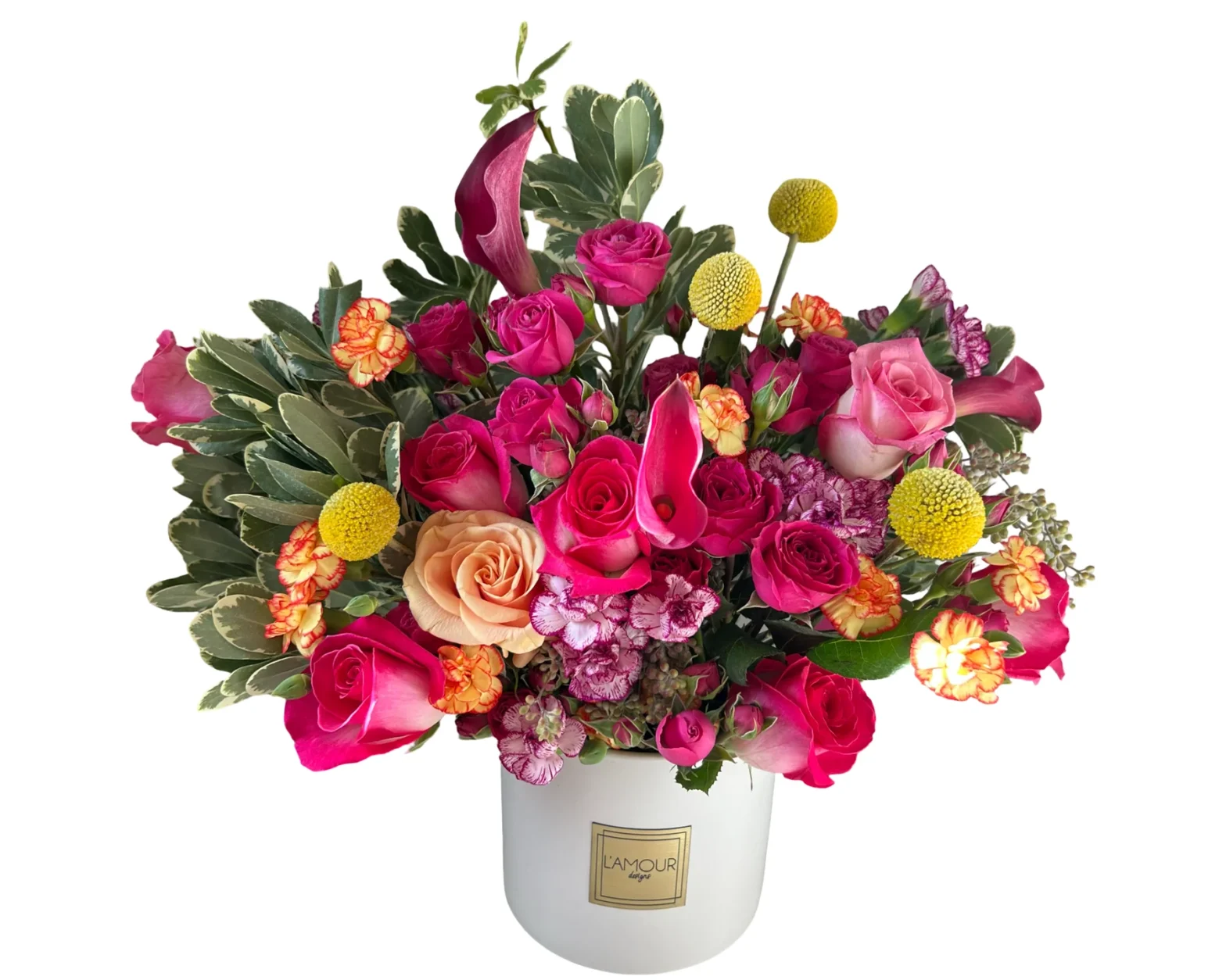 Vibrant mixed flower bouquet in a white vase.
