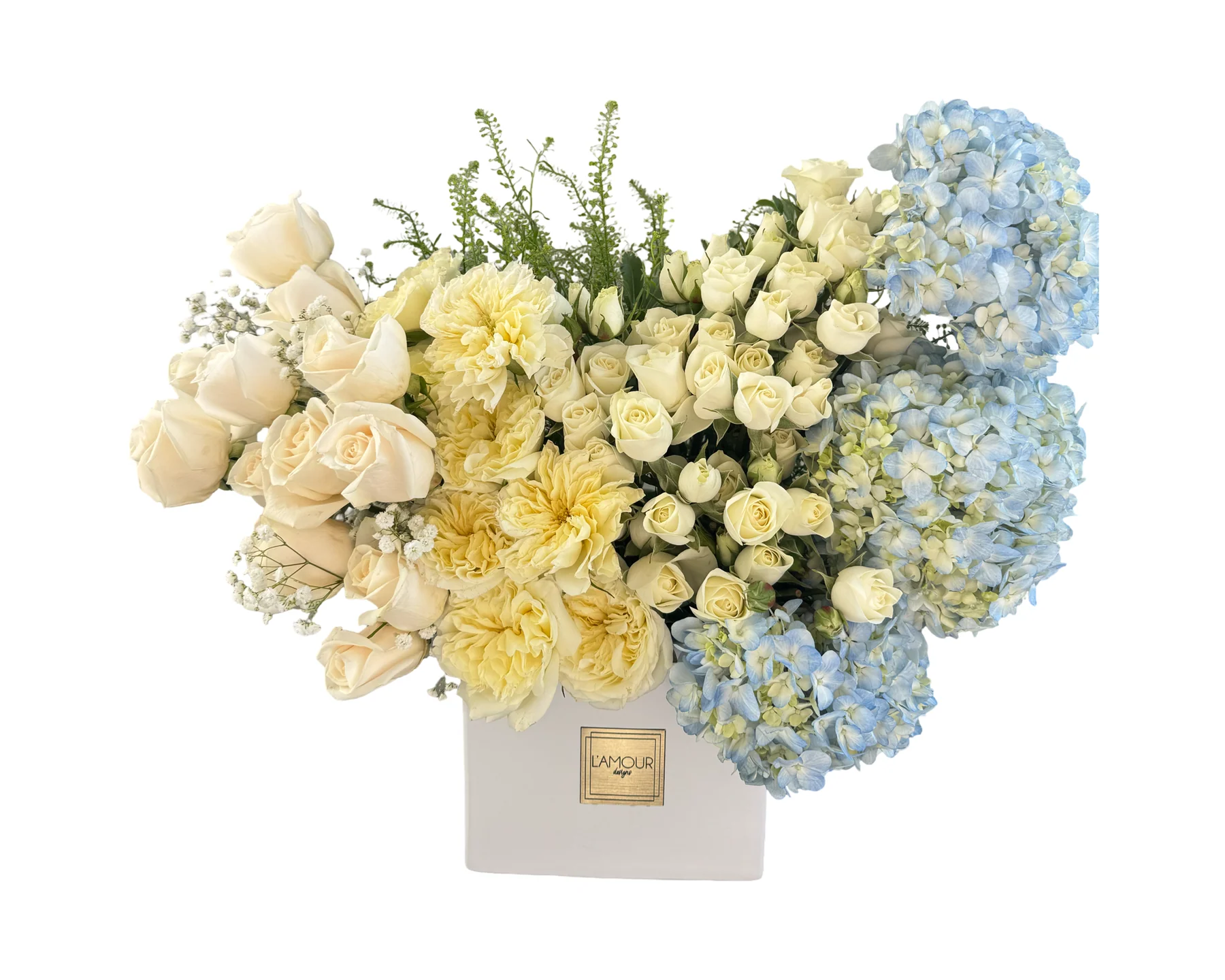 Heavenly Cream & Blue Hydrangea Arrangement
