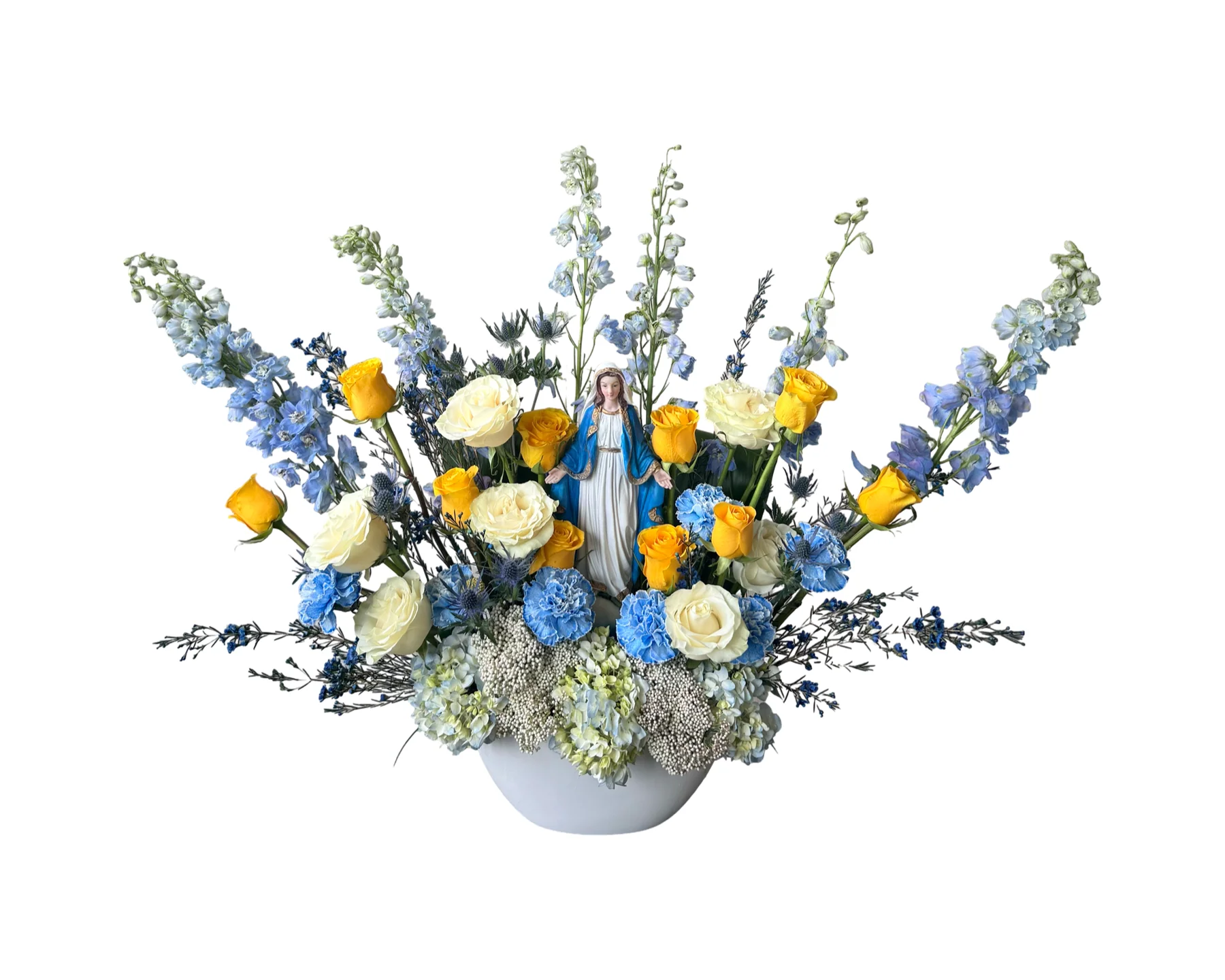 Heavenly Grace – Marian Floral Tribute in Blue and Yellow