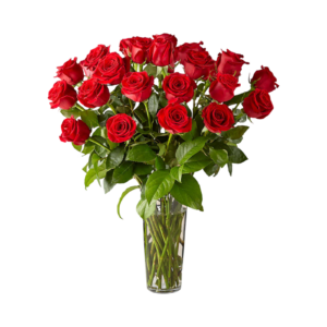 2 dozen classic red roses arranged in a tall clear glass vase with greenery accents from L’amour Floral Designs