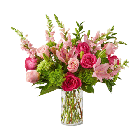 A bright and cheerful floral arrangement presented in a clear cylindrical glass vase, featuring a mix of hot pink and blush roses, pink lilies, pink snapdragons, green hydrangea, and green moss ball dianthus. The lively blend of pink tones and lush greens creates a fresh and uplifting design—perfect for romantic gestures, celebrations, or cheerful surprises.
