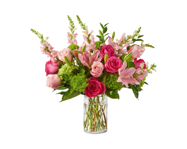 A bright and cheerful floral arrangement presented in a clear cylindrical glass vase, featuring a mix of hot pink and blush roses, pink lilies, pink snapdragons, green hydrangea, and green moss ball dianthus. The lively blend of pink tones and lush greens creates a fresh and uplifting design—perfect for romantic gestures, celebrations, or cheerful surprises.