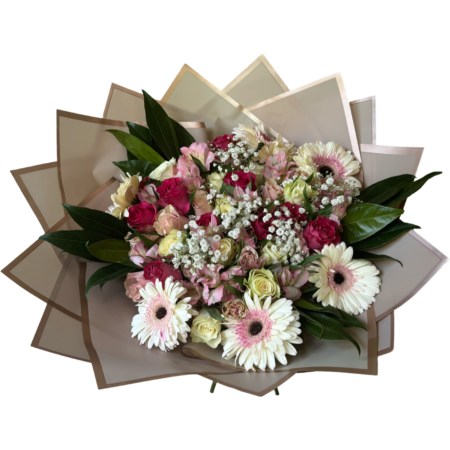An elegant hand-tied bouquet featuring a soft and romantic palette of blush, cream, and raspberry hues, wrapped in layered beige cellophane. The arrangement includes cream gerbera daisies with pink centers, pink alstroemeria, red and blush roses, pale green roses, baby’s breath, and rich green salal leaves. This bouquet is perfect for classic gifting moments and graceful celebrations.