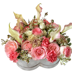 A delicate floral arrangement presented in a white heart-shaped hatbox, featuring elegant ivory calla lilies, blush and coral roses, light pink carnations, cream spray roses, and white waxflowers. With its soft curves and gentle pastel palette, this design radiates love, tenderness, and timeless beauty—ideal for romantic gestures, anniversaries, and thoughtful gifts.
