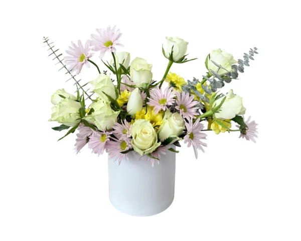 Lemon Light – White Rose & Daisy Vase Arrangement