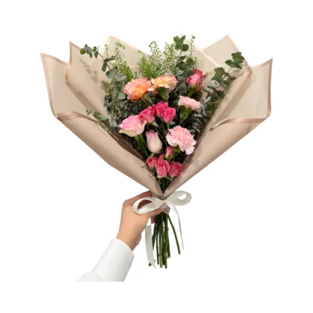 Pink Embrace – Hand-Tied Rose & Carnation Wrapped Bouquet